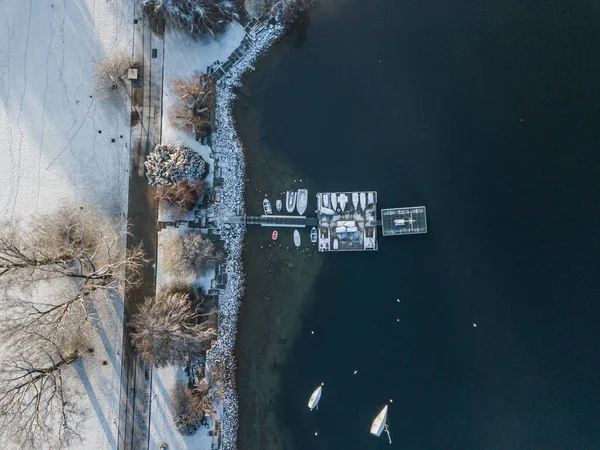 Vista Aérea Los Veleros Anclados Frente Costa Durante Invierno — Foto de Stock