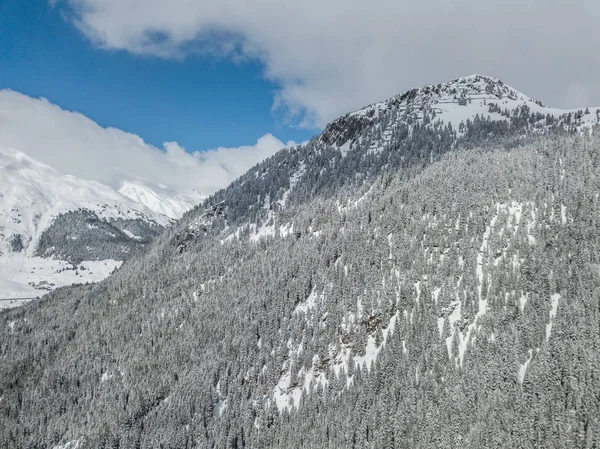 瑞士阿尔卑斯山偏远山谷的空中景观 覆盖着积雪的冷杉树 — 图库照片