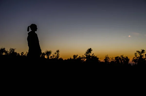 Silhouette Girl Standing Horizon Sunset Oman Stock Picture