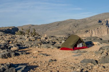 Wild camping with tent near Jebel Shams in Oman