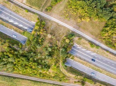 İsviçre 'de otobanın üzerindeki yaban hayatı üst geçidinin havadan görünüşü