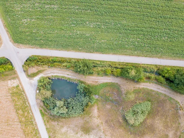 道路のある池の空中風景 — ストック写真