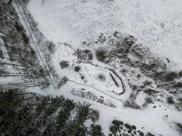 雪の中でモミの木の空中ビュー屋根付きの冬の風景 — ストック写真