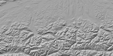 Dijital arazi modeli 3 boyutlu bir perspektifte. Dijital yükseklik modelinde İsviçre Alpleri (DEM). Bilgisayar tarafından oluşturulan manzara.