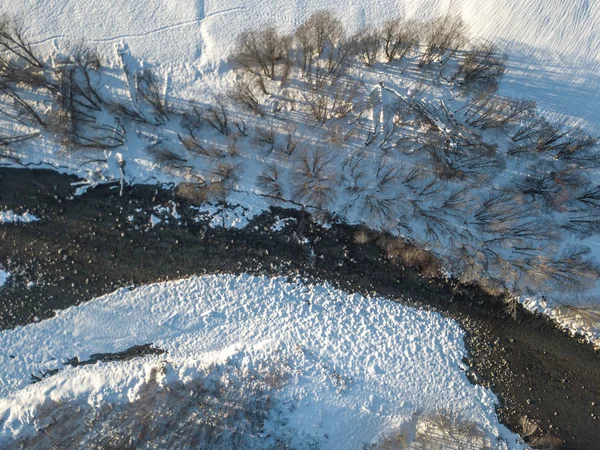 Aerial View River Snow Covered Landscape — 스톡 사진
