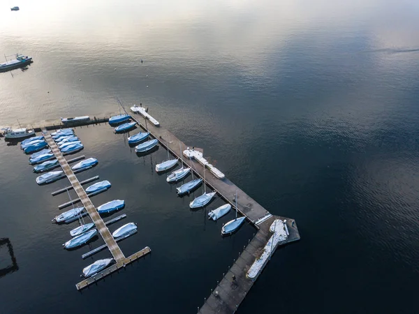 Flygfoto Båtar Marinan Vintermorgon — Stockfoto