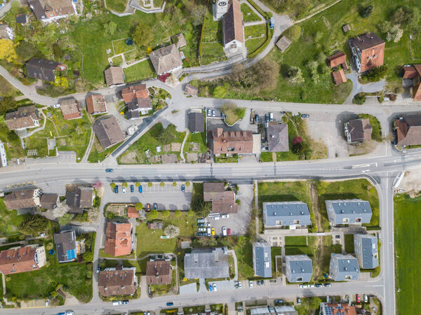 Aerial view of building roofs in rural town in Switzerland