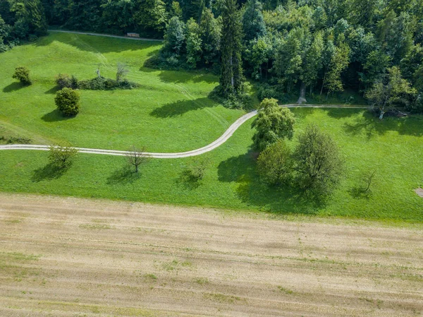 Vista Aérea Carretera Área Rural Durante Atardecer Suiza — Foto de Stock