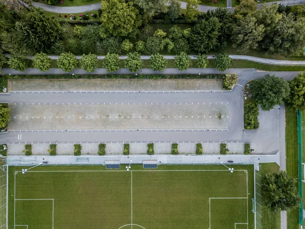 Vista Aérea Del Gol Fútbol Campo Fútbol Vacío Con Líneas — Foto de Stock