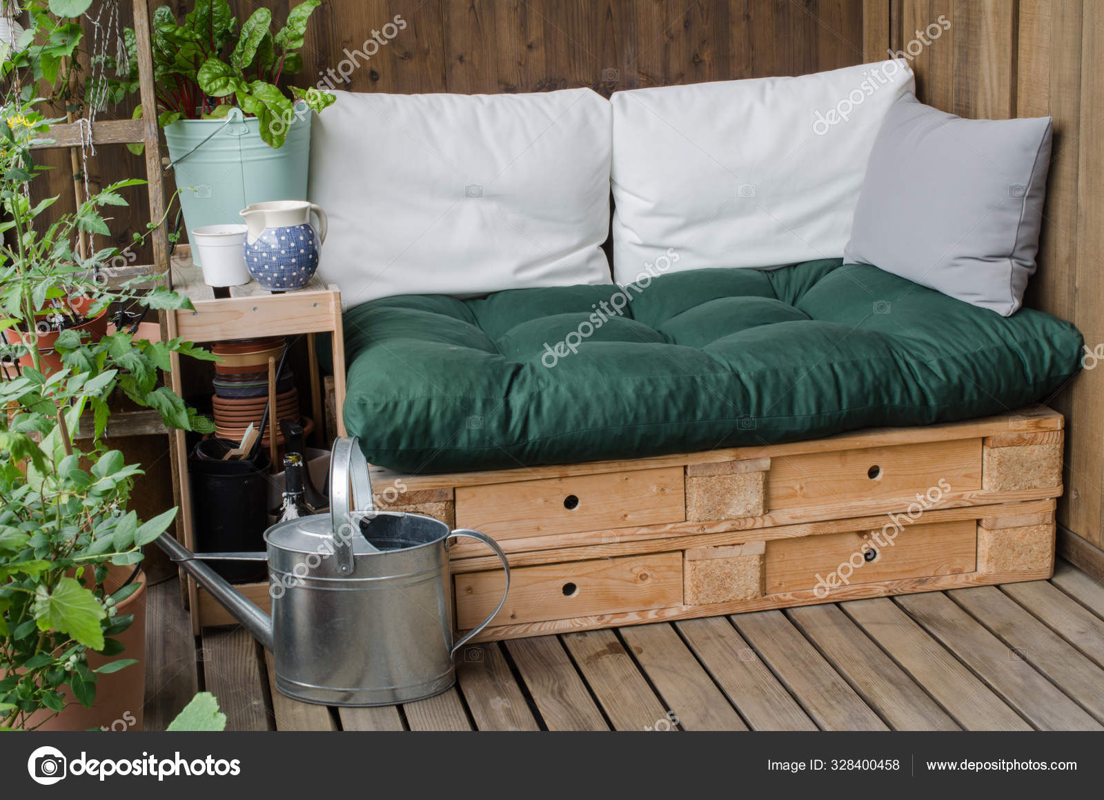 Cozy Wooden Pallet Couch Balcony — Stock Photo © oiramn #328400458, image size:1600x1160