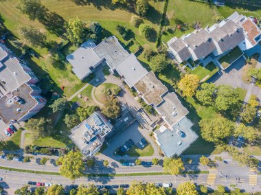 Aerial view of building rooftops in suburban village in Switzerland