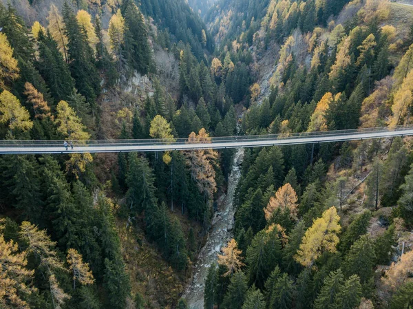 Luftaufnahme Einer Hängebrücke Über Einem Engen Tal Der Schweiz — Stockfoto