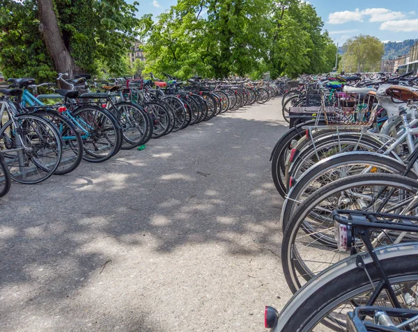 Bicycles parking with many cycles in Zurich, Switzerland. Ecological mode of transport for urban lifestyle.