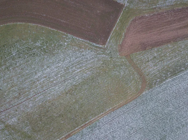 Aerial View Agricultural Field Covered Hoarfrost — 스톡 사진