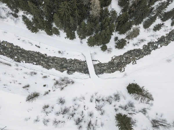 Aerial View River Snow Covered Landscape Switzerland — Stockfoto