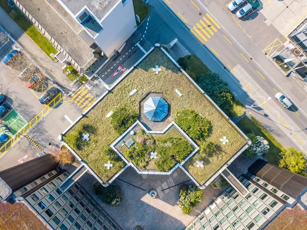 Vista Aerea Del Giardino Sul Tetto Zona Residenziale Urbana — Foto Stock