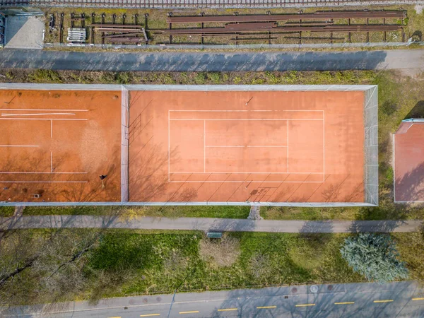 Aerial View Tennis Court Railroad Tracks Road — 스톡 사진