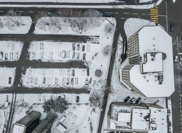 Flygfoto Över Parkeringsplats Täckt Med Snö Vintern — Stockfoto