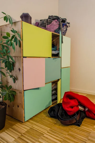 Homemade Closet Made Wine Boxes Colorful Doors Clothes — 스톡 사진