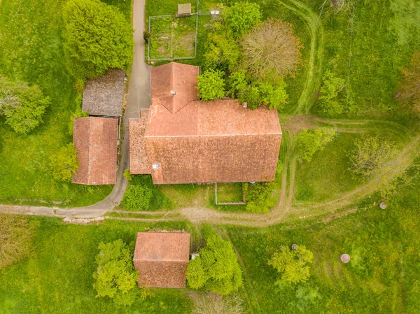 Vista Aerea Della Casa Colonica Fienili Nelle Zone Rurali Svizzera — Foto Stock