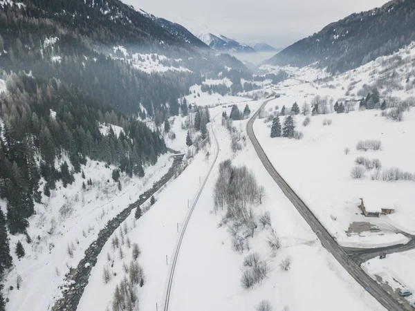 Aerial View River Snow Covered Landscape Switzerland — Stockfoto