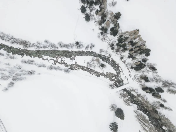 Aerial View River Snow Covered Landscape Switzerland — Stok fotoğraf