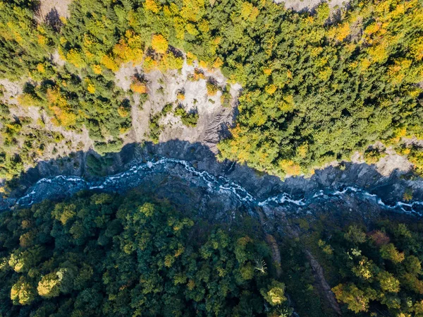 森林中带河流山区峡谷的空中景观 — 图库照片