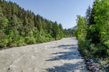 Yeşil ağaçlarla bembeyaz bir arazide Hanın Nehri manzarası 