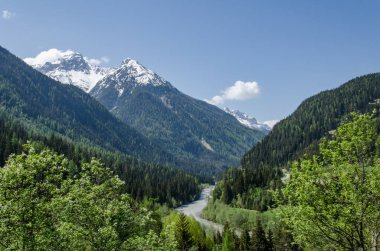 İsviçre 'deki Inn nehrinin arka planda dağ manzarası