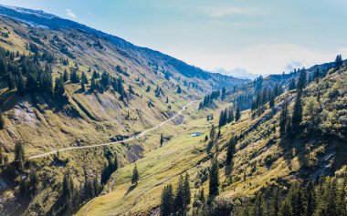 İsviçre dağlarındaki nehir ve yol manzarası