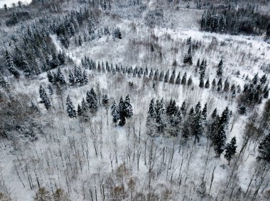 Aerial view of town with snow covered houses