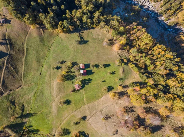 Flygfoto Över Äng Alpin Region Med Små Hus Och Träd — Stockfoto