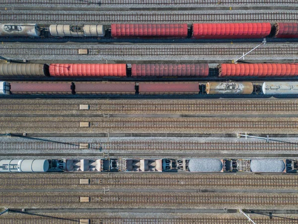 Aerial View Freight Train Wagons Large Railway Track Field Concept — 스톡 사진