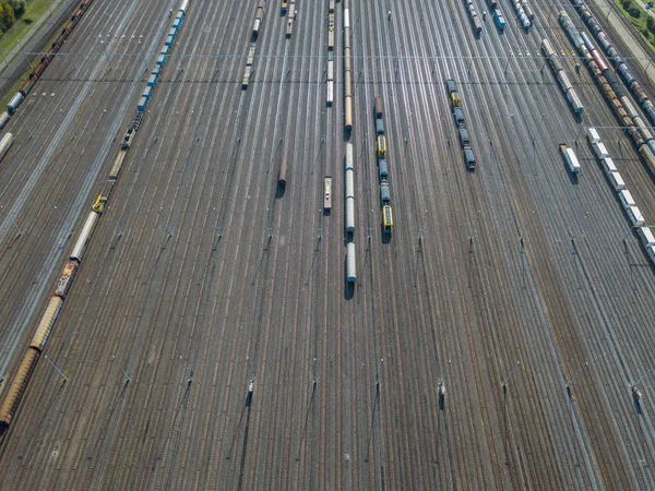 Aerial View Freight Train Wagons Large Railway Track Field Concept — ストック写真