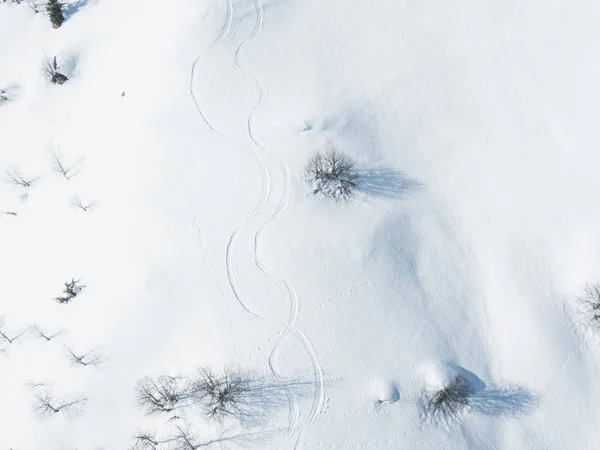 Aerial View Mountaineer Hiking Upwards Touring Ski Snow Covered Backcountry — 스톡 사진