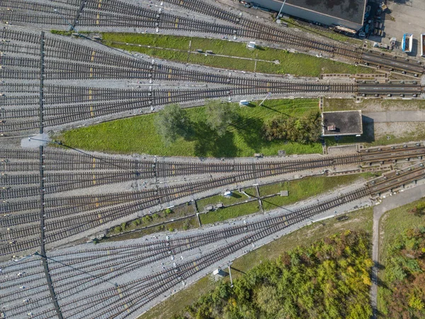 Vista Aérea Dos Vagões Comboio Mercadorias Grande Campo Ferroviário Conceito — Fotografia de Stock