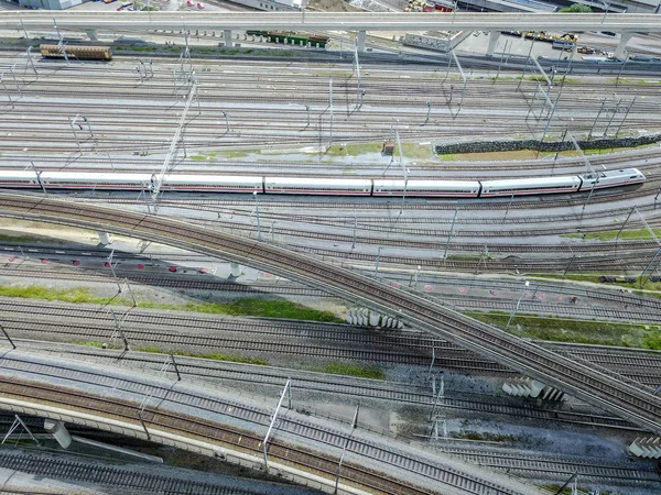 Aerial View Freight Train Wagons Large Railway Track Field Concept — 스톡 사진