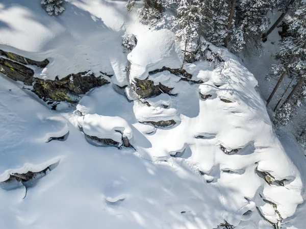 Veduta Aerea Delle Rocce Innevate Nella Foresta Delle Alpi Svizzere — Foto Stock