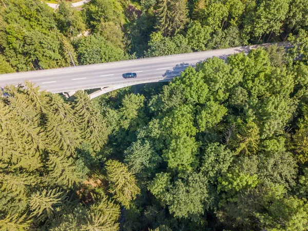Luftaufnahme Einer Straßenbrücke Durch Dichten Grünen Wald Der Schweiz — Stockfoto