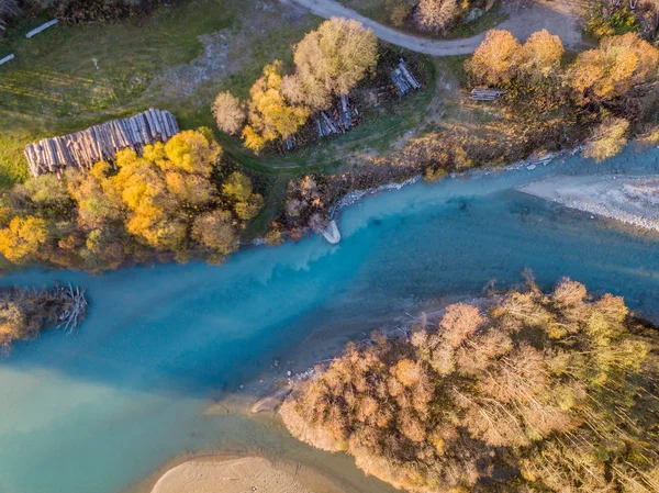 Aerial View River Evening Sunlight Switzerland — Stock Photo, Image