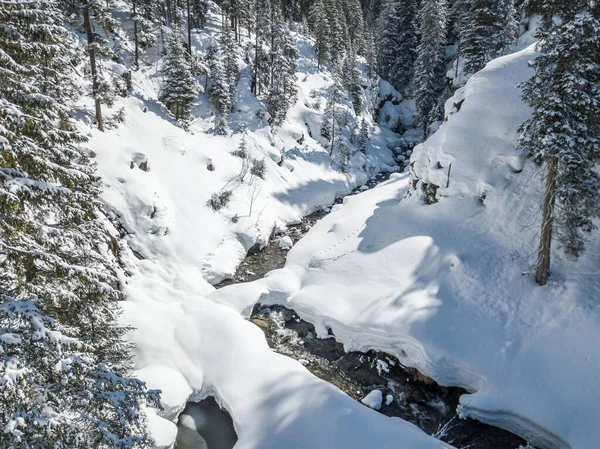 Luftaufnahme Des Flusses Durch Schneebedeckten Wald Ruhigen Szene — Stockfoto