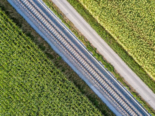 Çiftlik Arazisi Boyunca Düz Demiryolu Hattının Havadan Görünüşü — Stok fotoğraf