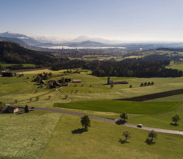 Vue Aérienne Village Dans Vallée Région Montagne Suisse Europe — Photo