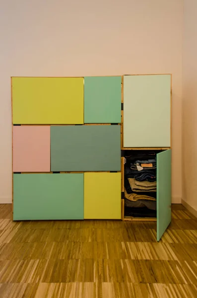 Homemade Closet Made Wine Boxes Colorful Doors Clothes — 스톡 사진