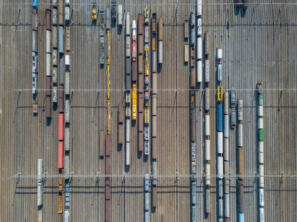 Aerial View Freight Train Wagons Large Railway Track Field Concept — Stock Photo, Image