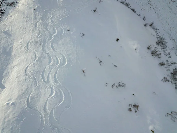 Dağ Yamacındaki Toz Içinde Serbest Kayak Pistlerinin Havadan Görünüşü — Stok fotoğraf