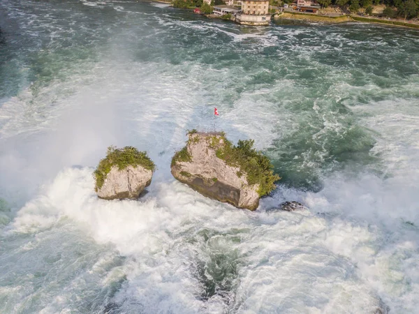 Aerial View Rocks Rhine Fall Water Cascade Schaffhausen Swiss Flag — Stock Photo, Image