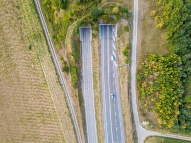 İsviçre 'de otobanın üzerindeki yaban hayatı üst geçidinin havadan görünüşü