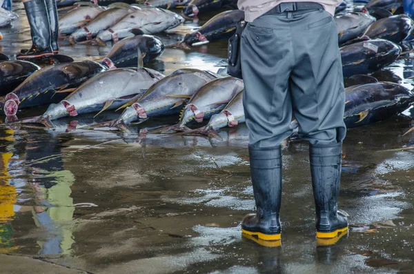 日本の魚市場の魚の間に立つゴム製のブーツの男 — ストック写真