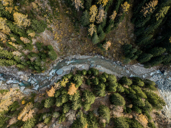 Aerial view of gorge in mountain area with river through forest